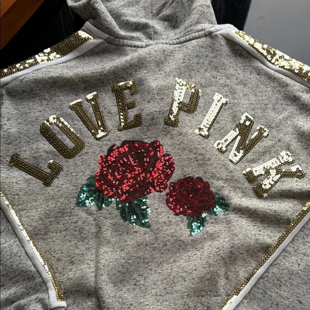 PINK Gold & Roses Sequin Heather Gray Hoodie with Gold Sequin Stripe - Picture 9 of 10